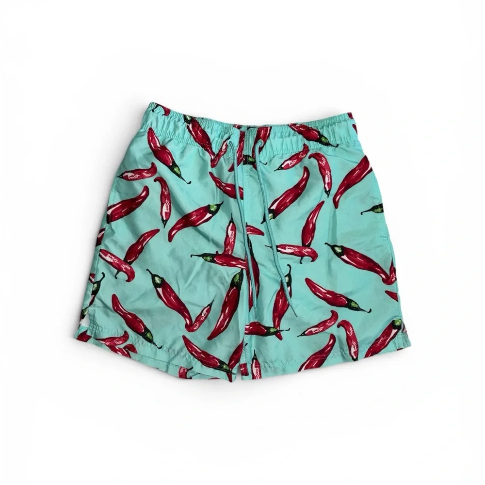 George Aqua Swim Shorts with Red Pepper Print